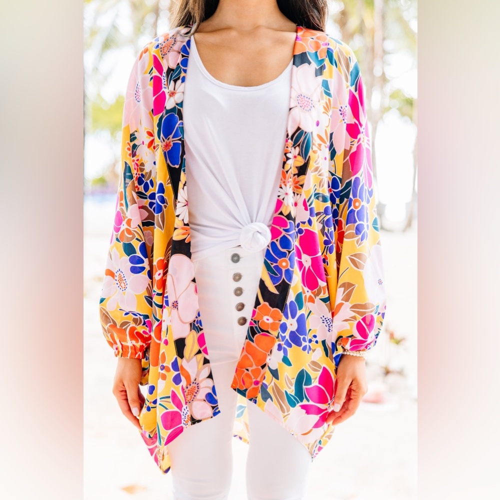 Entro Bring The Drama Lemon Yellow Pink Floral Kimono Shrug